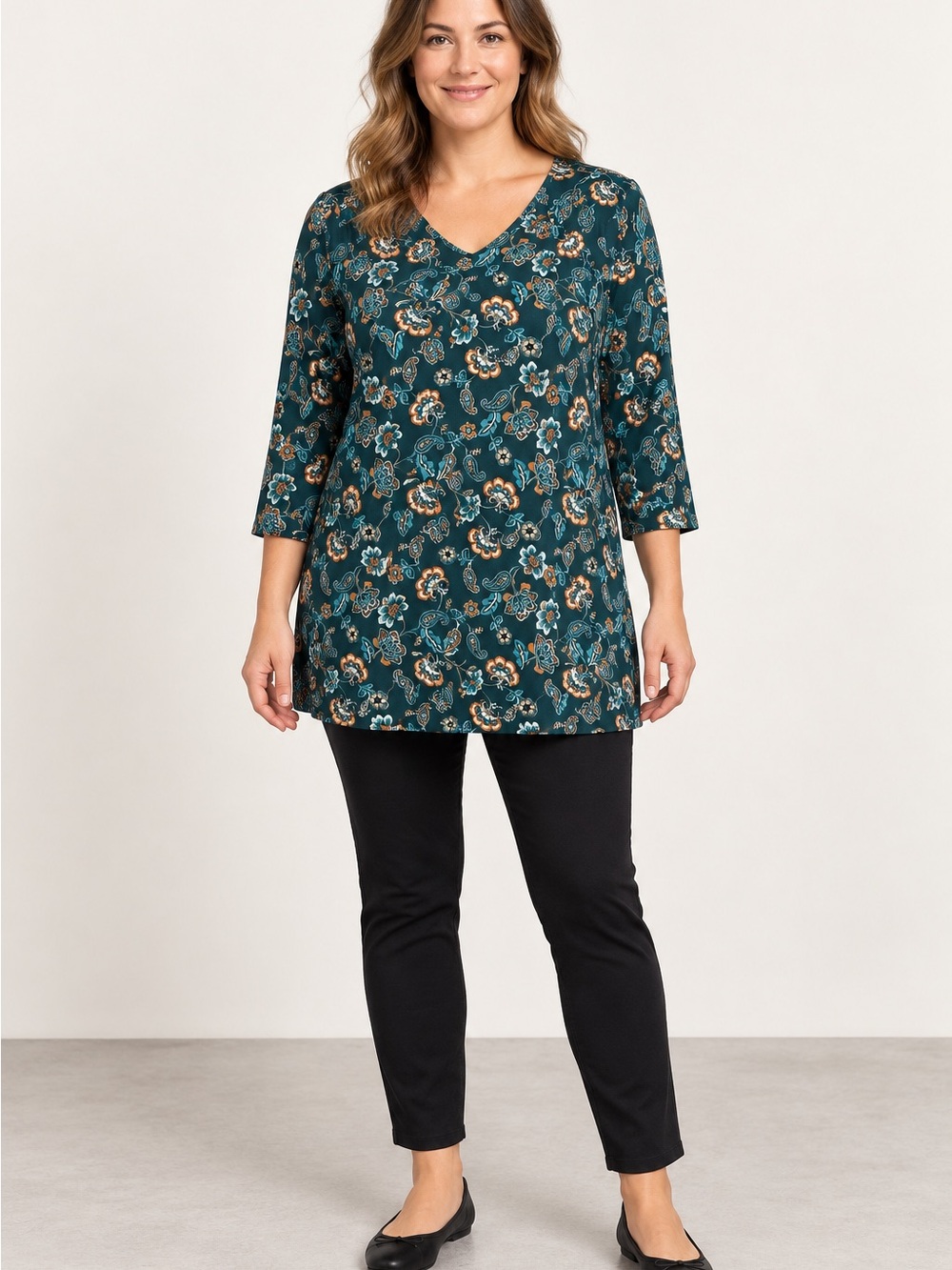 J.Jill Wearever Collection Floral Paisley Tunic Top Green Size S EUC